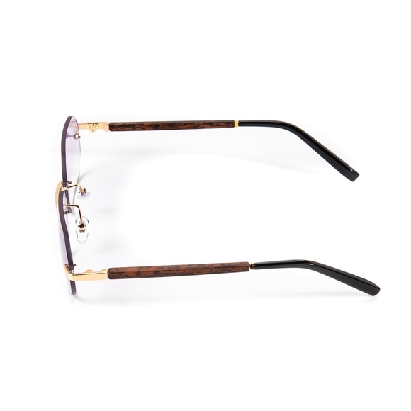 Men's Gold Frame Rimless Purple Tint Woodgrain Sunglasses - Picture 4 of 4